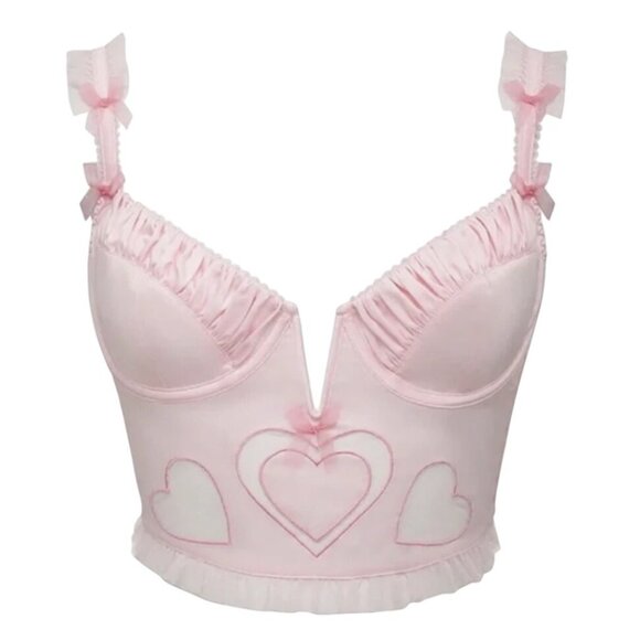 For Love & Lemons Pink Heart Mesh Corset Top With Ruffle Trim XXS - Picture 4 of 16